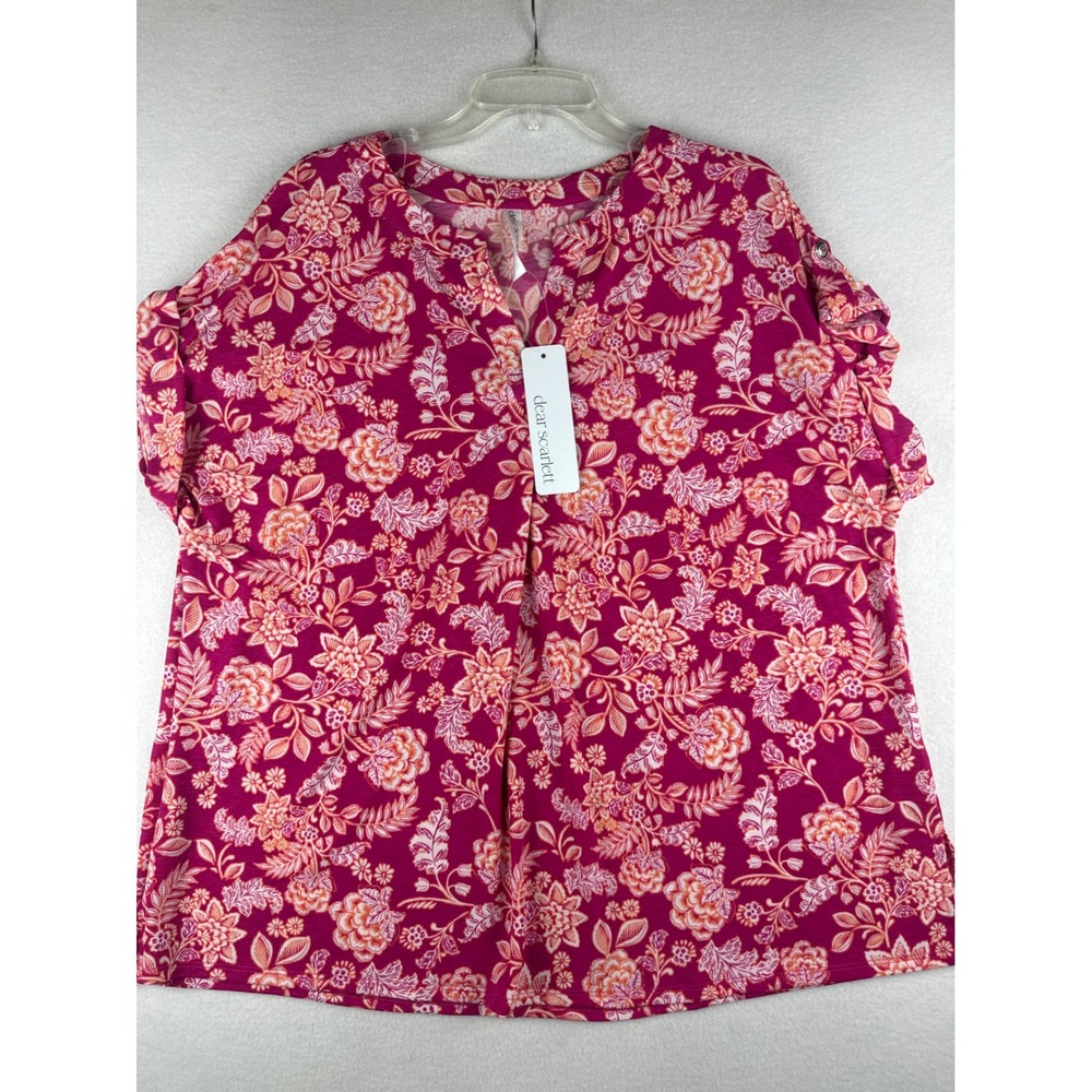 Dear Scarlett Pink Floral Split V-Neck Roll Tab Sleeve Blouse 2X LIZSS-C0119P